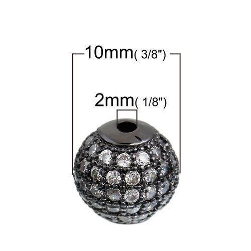 Image de Perle en Laiton Balle Gun Métal à Zirconia Cubique Transparent 10mm Dia, Taille de Trou: 2mm, 1 Pièce                                                                                                                                                         