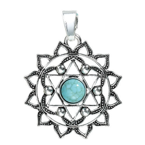 Immagine di Lega di Zinco & Turchese Yoga Ciondoli Fiore Argento Antico Verde Stella a Sei Punte Filigrana 65mm x 49mm , 2 Pz