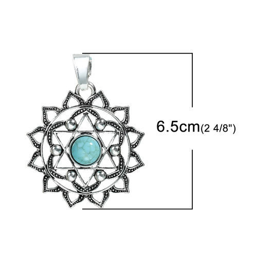Immagine di Lega di Zinco & Turchese Yoga Ciondoli Fiore Argento Antico Verde Stella a Sei Punte Filigrana 65mm x 49mm , 2 Pz