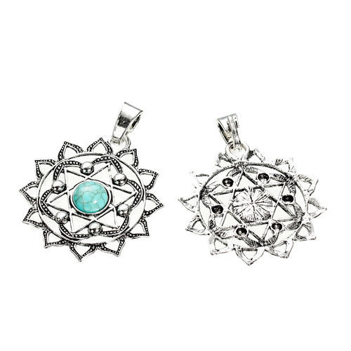 Immagine di Lega di Zinco & Turchese Yoga Ciondoli Fiore Argento Antico Verde Stella a Sei Punte Filigrana 65mm x 49mm , 2 Pz