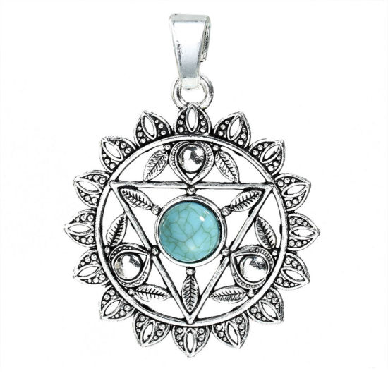 Immagine di Lega di Zinco & Turchese Yoga Ciondoli Fiore Argento Antico Verde Stella a Sei Punte Filigrana 65mm x 49mm , 2 Pz