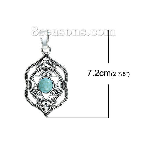 Immagine di Lega di Zinco & Turchese Yoga Ciondoli Fiore Argento Antico Verde Agnya /Ajna Filigrana 72mm x 37mm , 2 Pz