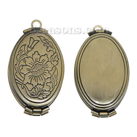 Brass Picture Photo Locket Frame Pendants Oval Antique Bronze Flower Carved Can Open (Fits 23mm x13mm( 7/8" x 4/8")) 35mm(1 3/8") x 20mm( 6/8"), 1 Piece