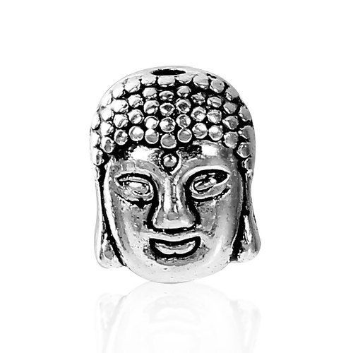 Bild von Zinklegierung 3D Zwischenperlen Spacer Perlen Antiksilber Buddha Statue ca. 11mm x 9mm, Loch:ca. 1.7mm, 20 Stücke