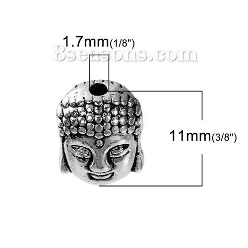 Изображение Цинковый Сплав 3D Бусины Античное Серебро Будда Резные Около 11мм x 9мм, Отверстие:примерно 1.7мм, 20 ШТ