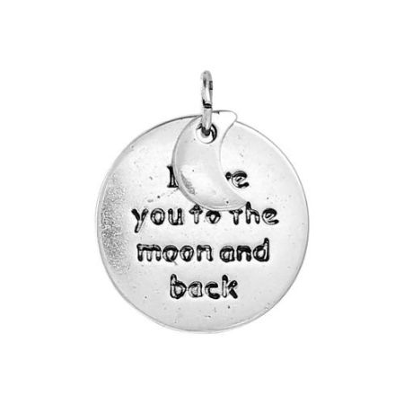 Picture of Zinc Based Alloy Charms Round Disc & Half Moon Antique Silver Color Message " I love you to the moon and back " 17mm( 5/8") Dia, 10 PCs
