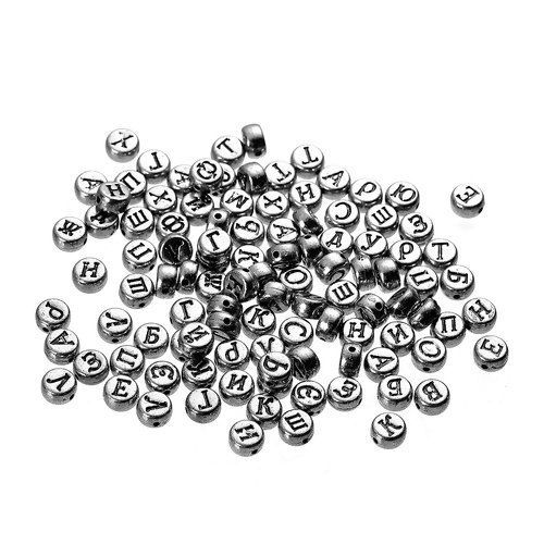 Picture of Acrylic Russian Alphabet Beads Round Antique Silver Color About 7mm Dia, Hole: Approx 1.3mm, 400 PCs
