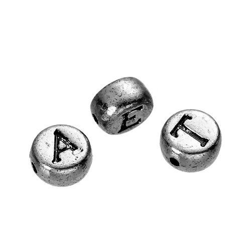 Image de Perles en Acrylique Rond Argent Antique Lettre Russe 7mm Dia, Taille de Trou: 1.3mm, 400 Pcs