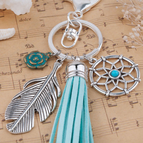 Picture of Vintage Patina Keychain & Keyring Silver Plated Dreamcatcher Feather Flower With Blue Green Velvet Faux Suede Tassel 13.8cm long, 1 Piece