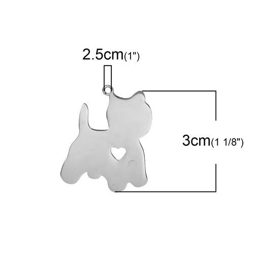 Bild von 1 Stück 304 Edelstahl Haustier Silhouette Leere Stempeletiketten Anhänger Yorkie Terrier Herz Silberfarbe Doppelseitiges Polieren 30mm x 25mm