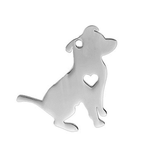 Bild von 1 Stück 304 Edelstahl Haustier Silhouette Leere Stempeletiketten Anhänger Pit Bull Terrier Tier Herz Silberfarbe Doppelseitiges Polieren 31mm x 29mm