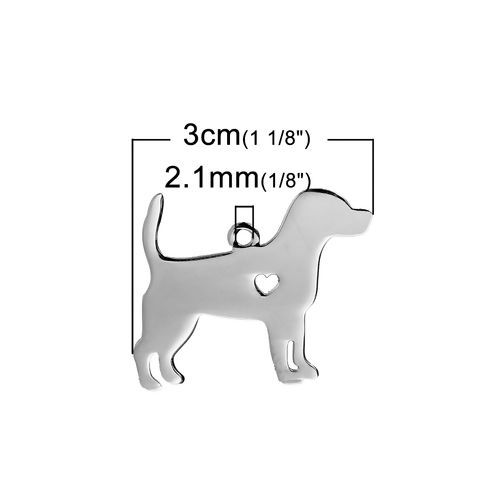 Bild von 1 Stück 304 Edelstahl Haustier Silhouette Leere Stempeletiketten Anhänger Beagle Herz Silberfarbe Doppelseitiges Polieren 30mm x 24mm