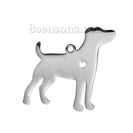 Bild von 1 Stück 304 Edelstahl Haustier Silhouette Leere Stempeletiketten Anhänger Jack Russell Terrier  Herz Silberfarbe Doppelseitiges Polieren 31mm x 29mm