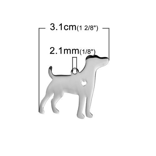 Image de 1 Pièce PendentifsÉtiquettes d'Estampage Vierges Silouette d'Animal en 304 Acier Inoxydable Jack Russell Terrier Cœur Argent Mat Polissage Double Face 31mm x 29mm