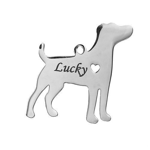Bild von 1 Stück 304 Edelstahl Haustier Silhouette Leere Stempeletiketten Anhänger Jack Russell Terrier  Herz Silberfarbe Doppelseitiges Polieren 31mm x 29mm