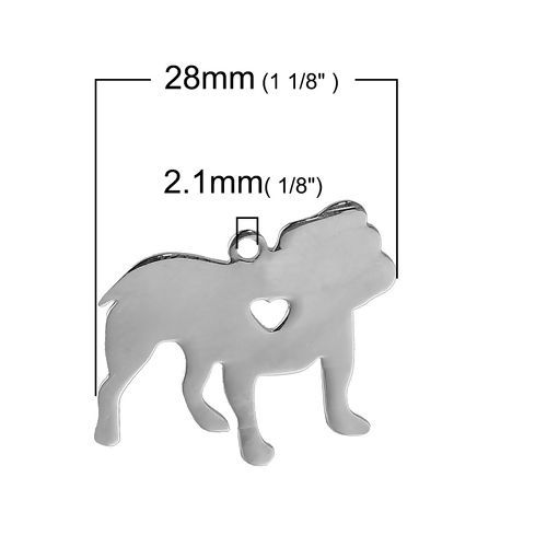 1 個 304ステンレス鋼 ペット シルエット ブランクスタンプタグ チャーム ブルドッグ 犬 動物 ハート シルバートーン 両面研磨 28mm x 27mm、 の画像