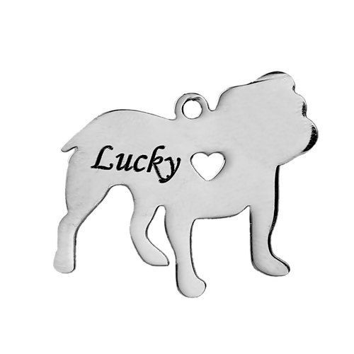 Bild von 1 Stück 304 Edelstahl Haustier Silhouette Leere Stempeletiketten Charms Bulldogge Herz Silberfarbe Doppelseitiges Polieren 28mm x 27mm