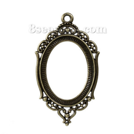 Picture of Zinc Based Alloy Pendants Oval Antique Bronze Pattern Carved Cabochon Settings (Fits 4cm x 3cm) 65mm x 37mm, 5 PCs