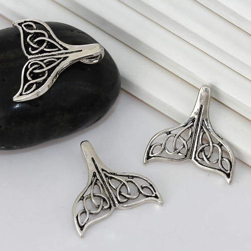 Picture of Zinc Based Alloy Charms Whale Tail Antique Silver Color Celtic Knot Hollow 24mm(1") x 24mm(1"), 5 PCs