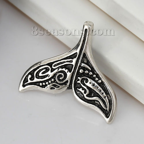 Picture of Zinc Based Alloy Charms Whale Tail Antique Silver Color 20mm( 6/8") x 18mm( 6/8"), 5 PCs