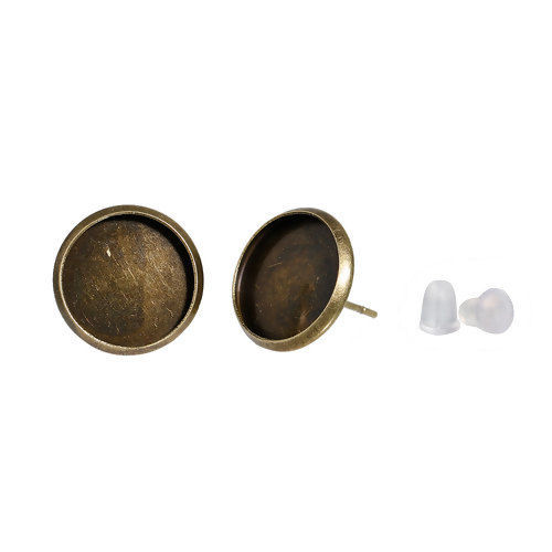 Picture of Brass Ear Post Stud Earrings Cabochon Settings Round Antique Bronze W/ Stoppers (Fit 12mm Dia.) 14mm( 4/8") x 13mm( 4/8"), Post/ Wire Size: (21 gauge), 10 PCs                                                                                                