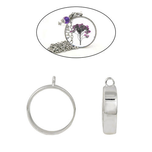 Picture of Zinc Based Alloy Open Back Bezel Pendants For Resin Round Silver Plated 32mm(1 2/8") x 27mm(1 1/8"), 2 PCs