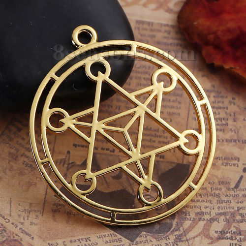 Picture of Zinc Based Alloy Merkaba Meditation Pendants Round Gold Plated Hollow 44mm(1 6/8") x 40mm(1 5/8"), 5 PCs