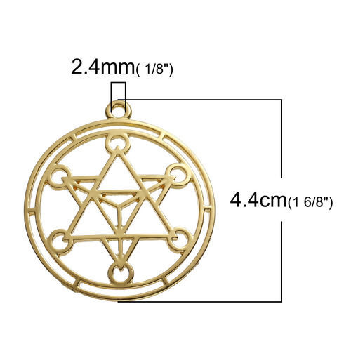 Picture of Zinc Based Alloy Merkaba Meditation Pendants Round Gold Plated Hollow 44mm(1 6/8") x 40mm(1 5/8"), 5 PCs
