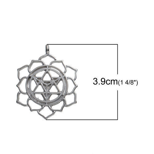 Picture of Zinc Based Alloy Merkaba Meditation Pendants Round Silver Tone Hollow 39mm(1 4/8") x 31mm(1 2/8"), 10 PCs