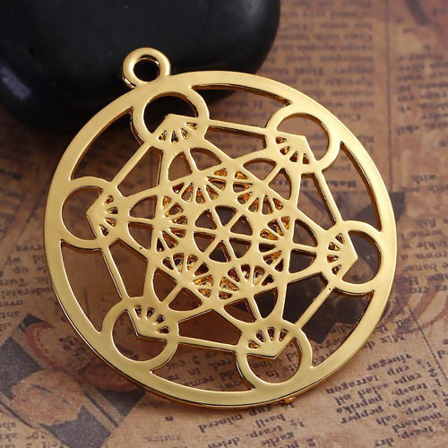 Picture of Zinc Based Alloy Merkaba Meditation Pendants Round Gold Plated Hollow 44mm(1 6/8") x 40mm(1 5/8"), 3 PCs