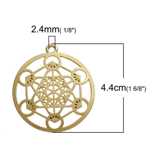 Picture of Zinc Based Alloy Merkaba Meditation Pendants Round Gold Plated Hollow 44mm(1 6/8") x 40mm(1 5/8"), 3 PCs