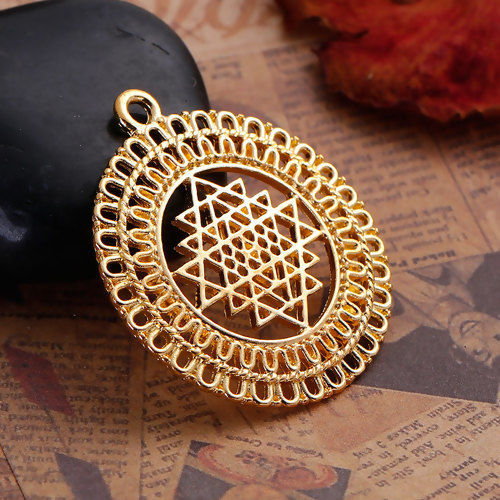 Picture of Zinc Based Alloy Sri Yantra Meditation Pendants Round Gold Plated Hollow 39mm(1 4/8") x 34mm(1 3/8"), 5 PCs