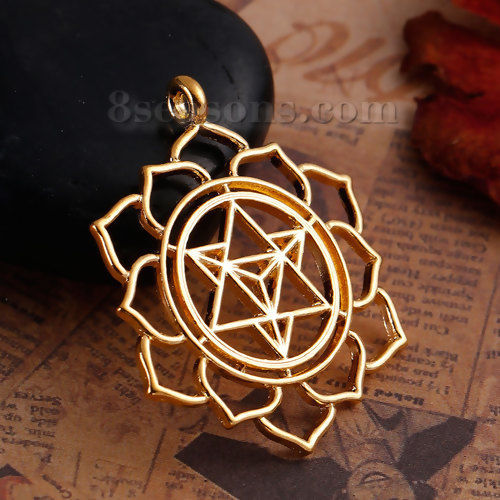 Picture of Zinc Based Alloy Merkaba Meditation Pendants Round Gold Plated Hollow 38mm(1 4/8") x 31mm(1 2/8"), 10 PCs