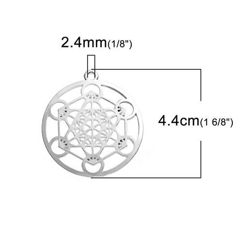 Picture of Zinc Based Alloy Merkaba Meditation Pendants Round Silver Plated Hollow 44mm(1 6/8") x 40mm(1 5/8"), 3 PCs