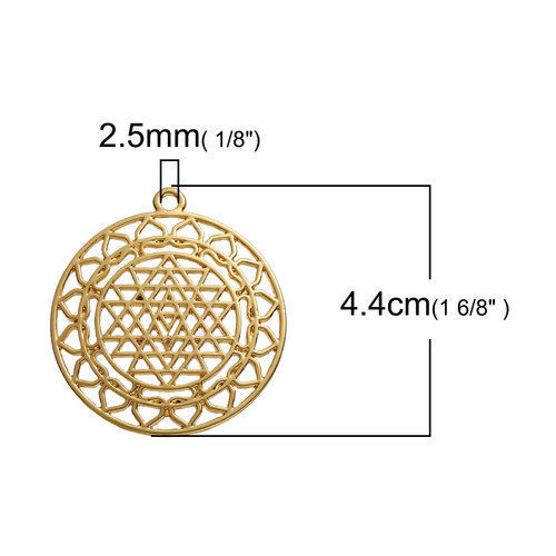 Picture of Zinc Based Alloy Sri Yantra Meditation Pendants Round Gold Plated Hollow 44mm(1 6/8") x 40mm(1 5/8"), 3 PCs