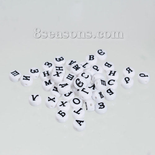 Image de Perles en Acrylique Rond Blanc Lettre Russe Noir 7mm Dia, Taille de Trou: 1mm, 400 Pcs