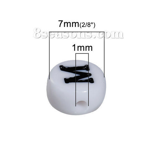 Image de Perles en Acrylique Rond Blanc Lettre Russe Noir 7mm Dia, Taille de Trou: 1mm, 400 Pcs