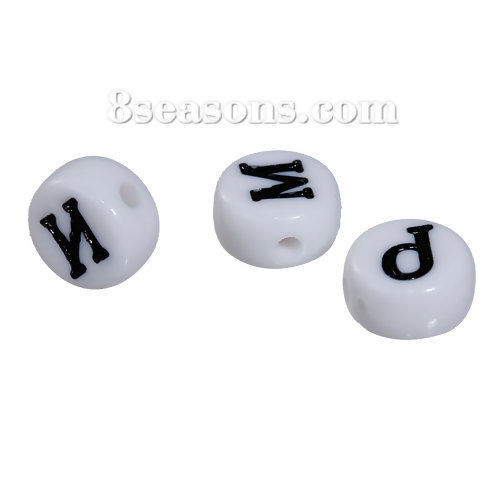 Image de Perles en Acrylique Rond Blanc Lettre Russe Noir 7mm Dia, Taille de Trou: 1mm, 400 Pcs