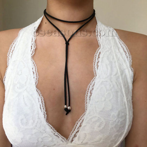 Picture of Faux Suede Velvet Bolo Tie Choker Necklace Silver Tone & Antique Silver Color Black Cylinder Message " Made With Love " 32.5cm(12 6/8") long, 1 Piece