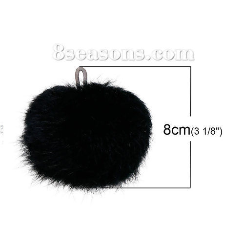 Picture of Angora Pom Pom Balls DIY Craft Decoration Black With Ring 8cm(3 1/8") Dia., 2 PCs