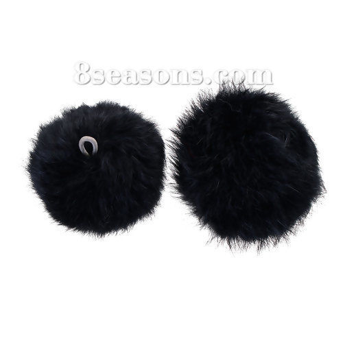 Picture of Angora Pom Pom Balls DIY Craft Decoration Black With Ring 8cm(3 1/8") Dia., 2 PCs