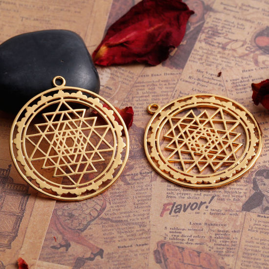 Picture of Brass Sri Yantra Meditation Pendants Gold Plated Hollow 45mm(1 6/8") x 40mm(1 5/8"), 1 Piece                                                                                                                                                                  