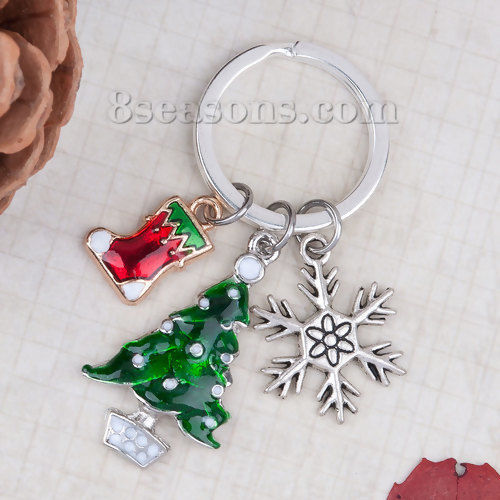 Bild von Schlüsselkette & Schlüsselring Silberfarbe Rot & Grün Weihnachten Weihnachtsbaum Weihnachten Weihnachtssocke 6.1cm, 1 Stück
