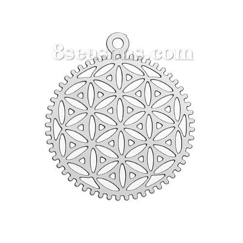 Picture of 304 Stainless Steel Flower Of Life Pendants Round Silver Tone Hollow 30mm(1 1/8") x 26mm(1"), 5 PCs