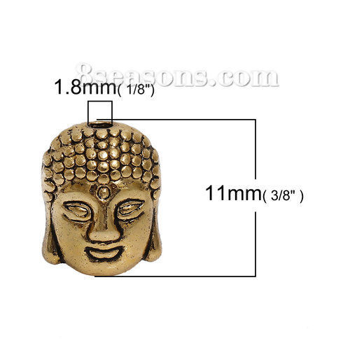 Изображение Цинковый Сплав 3D Бусины Будда Античное Золото Около 11мм x 9мм, Отверстие:примерно 1.8мм, 20 ШТ