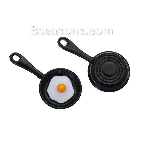 Picture of Zinc Based Alloy 3D Charms Pan Black Poached Egg White & Yellow Enamel 28mm(1 1/8") x 15mm( 5/8"), 5 PCs