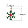 Bild von Zinklegierung Charms Weihnachten Schneeflocke Vergoldet Rot Strass Grün Emaille 23mm x 17mm, 5 Stücke
