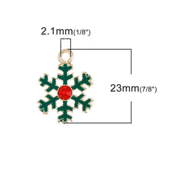 亜鉛合金 チャーム クリスマス・スノーフレーク 金メッキ 赤ラインストーン 緑 エナメル 23mmx 17mm、 5 個 の画像