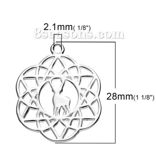 Picture of Brass Flower Of Life Charms Deer Animal Silver Plated Hollow 28mm(1 1/8") x 23mm( 7/8"), 2 PCs