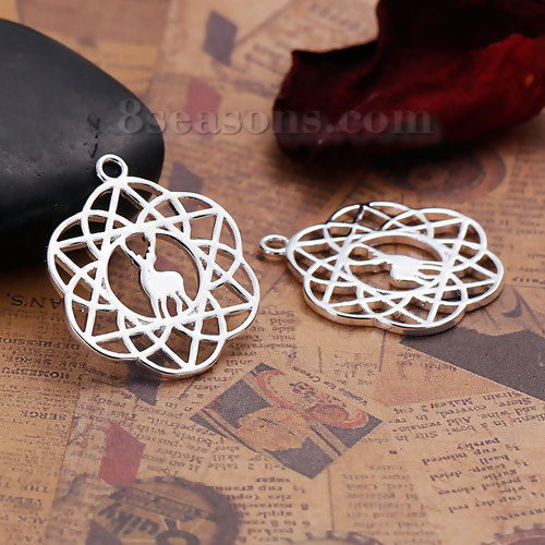 Picture of Brass Flower Of Life Charms Deer Animal Silver Plated Hollow 28mm(1 1/8") x 23mm( 7/8"), 2 PCs